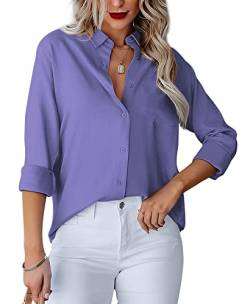 Homlan Damen Bluse V-Ausschnitt Hemd Langarm Elegant Lässige Oberteile Knopfleiste Hemdbluse Arbeit Einfarbig Langarmshirt mit Brusttaschen (Medium, Violett) von Homlan