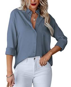 Homlan Damen Bluse V-Ausschnitt Hemd Langarm Elegant Lässige Oberteile Knopfleiste Hemdbluse Arbeit Einfarbig Langarmshirt mit Brusttaschen (X-Large, Blau Grau) von Homlan