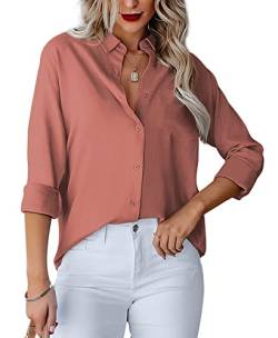 Homlan Damen Bluse V-Ausschnitt Hemd Langarm Elegant Lässige Oberteile Knopfleiste Hemdbluse Arbeit Einfarbig Langarmshirt mit Brusttaschen (X-Large, Orange) von Homlan