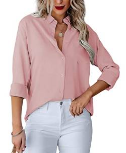 Homlan Damen Bluse V-Ausschnitt Hemd Langarm Elegant Lässige Oberteile Knopfleiste Hemdbluse Arbeit Einfarbig Langarmshirt mit Brusttaschen (X-Large, Rosa) von Homlan