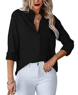 Homlan Damen Bluse V-Ausschnitt Hemd Langarm Elegant Lässige Oberteile Knopfleiste Hemdbluse Arbeit Einfarbig Langarmshirt mit Brusttaschen (X-Large, Schwarz) von Homlan