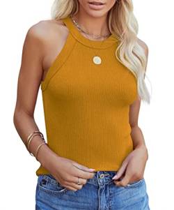 Homlan Damen Neckholder Ärmellose Tank Tops Racerback Rundhals Basic Slim Fit Shirts Elegant Oberteile Ribbed Knit Cami Top Sexy (Medium, Gelb) von Homlan