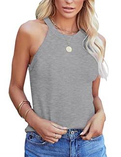 Homlan Damen Neckholder Ärmellose Tank Tops Racerback Rundhals Basic Slim Fit Shirts Elegant Oberteile Ribbed Knit Cami Top Sexy (Medium, Grau) von Homlan