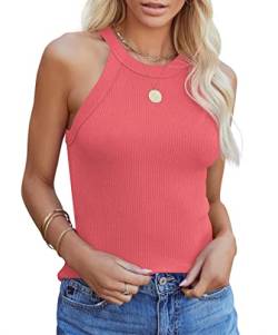 Homlan Damen Neckholder Ärmellose Tank Tops Racerback Rundhals Basic Slim Fit Shirts Elegant Oberteile Ribbed Knit Cami Top Sexy (Small, Wassermelone Rot) von Homlan