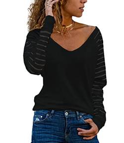 Homlan Damen Streifenshirt Langarm V Ausschnitt Mesh Oberteil Lose Bluse Elegant T-Shirt Casual Tunika Tops (Large, Schwarz) von Homlan