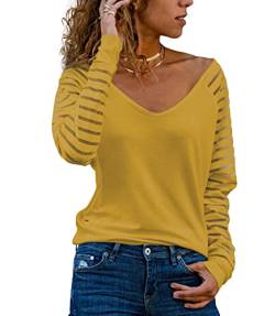 Homlan Damen Streifenshirt Langarm V Ausschnitt Mesh Oberteil Lose Bluse Elegant T-Shirt Casual Tunika Tops (Medium, Gelb) von Homlan