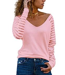 Homlan Damen Streifenshirt Langarm V Ausschnitt Mesh Oberteil Lose Bluse Elegant T-Shirt Casual Tunika Tops (Medium, Rosa) von Homlan