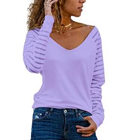 Homlan Damen Streifenshirt Langarm V Ausschnitt Mesh Oberteil Lose Bluse Elegant T-Shirt Casual Tunika Tops (Medium, Violett) von Homlan
