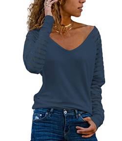 Homlan Damen Streifenshirt Langarm V Ausschnitt Mesh Oberteil Lose Bluse Elegant T-Shirt Casual Tunika Tops (Small, Dunkelblau) von Homlan