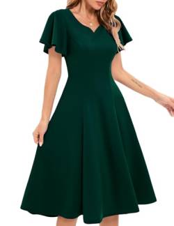 Homrain Cocktailkleid Damen 1950er Rockabily Mittellang Elegantes Vintage Kleid Plissee Kleid Vintage V-Ausschnitt Abendkleid A Linie Dunkelgrün 2XL von Homrain