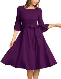 Homrain Cocktailkleid Damen Elegant für Hochzeit Festlich 3/4 Arm Kleider Midi Abendkleid Grape L von Homrain