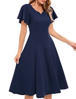 Homrain Damen 1950er Rockabilly Kleid Knielang Retro Vintage Kleid Hochzeitsgäste Cocktailkleid Sommer Kurzarm Kleid Große Größe Midilang A-Line Ballkleid Navy 2XL von Homrain