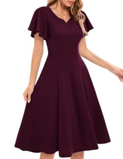 Homrain Damen 1950s Rockabilly Cocktailkleid Vintage Retro Schwing Faltenrock Sommer Kurzarm Kleid Festliches Hochzeitskleid Knielang Konfirmationskleid Burgundy S von Homrain