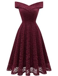 Homrain Damen 50er Jahre Kleider Festliches Spitzenkleid Abendkleider Vintage Retro Ballkleid Swing A-Linie Cocktailkleid Floralspitzen Abendkleid -1Burgundy XL von Homrain