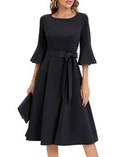 Homrain Damen 50er Jahre Kleider Midi Rundhals Festliches Kleid Vintage Brautkleid mit Gürtel Black L von Homrain