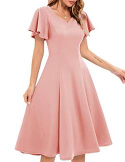 Homrain Damen 50er Rockabilly Kleid Knielang Retro Vintage Kleid Hochzeitsgäste Cocktailkleid Elegant Festlich Konfirmationskleid Große Größe Knielang A-Line Ballkleid Blush 2XL von Homrain