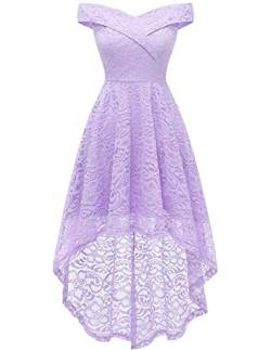 Homrain Damen Abendkleider Elegant Hochzeit Spitzenkleid Schulterfrei Rockabilly A-Linie Kleid Cocktail High Low Brautjungfernkleider Lavender 2XL von Homrain