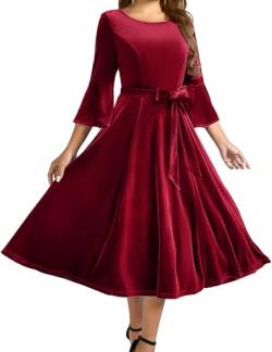 Homrain Damen Abendkleider Elegant für Hochzeit Rockabilly Kleider Langarm Cocktailkleid DarkRed 2XL von Homrain