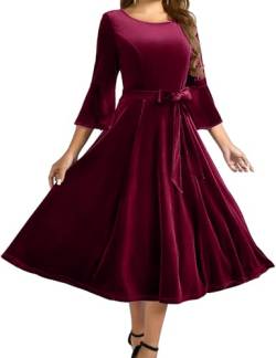 Homrain Damen Cocktailkleid Elegant für Hochzeit Festlich 3/4 Arm Samt Kleider Midi Abendkleid Burgundy 3XL von Homrain