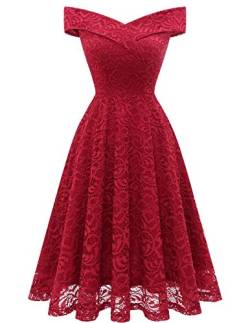 Homrain Damen Elegant Spitzenkleid Brautjungfernkleider Festlich Party Knielang Cocktailkleid Schulterfrei Rockabilly Retro Kleid Abendkleider -1Dark Red S von Homrain