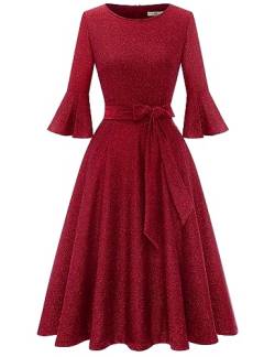 Homrain Damen Glitzerkleider für Hochzeitsgäste Glockenärmel Paillettenkleider für Frauen Cocktail Party Abend Glitzerkleid Glitter-Burgundy 2XL von Homrain