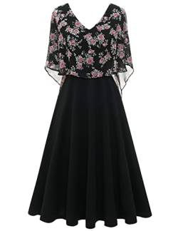 Homrain Damen Kleid Plus Größe Abendkleid Chiffon Cape Elegant Cocktailkleid Hochzeit V-Ausschnitt Knielang A-Linie Sommer Kleid Black Flower 2XL von Homrain