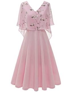 Homrain Damen Kleid Plus Größe Abendkleid Chiffon Cape Elegant Cocktailkleid Hochzeit V-Ausschnitt Knielang A-Linie Sommer Kleid Pink Flower 2XL von Homrain