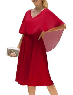 Homrain Damen Kleid Plus Größe Abendkleid Chiffon Cape Elegant Cocktailkleid Hochzeit V-Ausschnitt Knielang A-Linie Sommer Kleid Red 2XL von Homrain