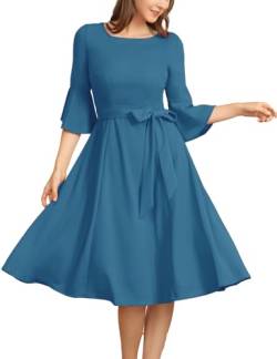 Homrain Damen Kleider Elegant 3/4 Arm Midi Rockabilly Kleider Glockenarm Abendkleid Lang Festliche Kleider Greyblue M von Homrain