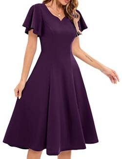 Homrain Damen Knielang Elegantes Vintage Cocktailkleid Plissee Kleid Vintage V-Ausschnitt Abendkleid A-Linie Grape S von Homrain