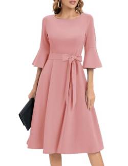 Homrain Damen Rockabilly Kleider Damen Midi Kleider Langarm Festliche Kleider für Hochzeit Vintage Cocktailkleid Blush M von Homrain