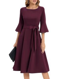 Homrain Damen Rockabilly Kleider Festlich 3/4 Arm Kleider Midi Cocktailkleid Weihnachtskleid mit Gürtel Burgundy S von Homrain