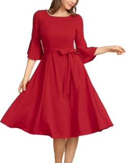 Homrain Damen Vintage Kleider Bell arm Cocktail Kleider für Hochzeitsgast Langarm Midi Kleid für Kirche Abendkleid Red M von Homrain