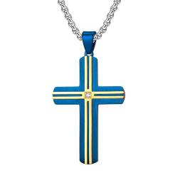 Homxi Männer Kette Blau Anhänger,Edelstahl Halskette Männer mit Anhänger Kreuz mit Zirkonia Kette Anhänger Blau von Homxi