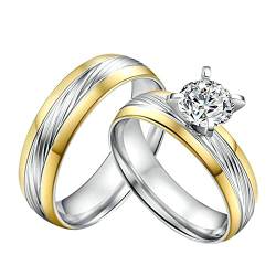 Homxi Trauringe Paar mit Gravur,Edelstahl Eheringe Gold Silber Ring mit 6MM Rund Weiß Zirkonia Verlobung Ringe Paar Damen 52 (16.6) + Herren 62 (19.7) von Homxi