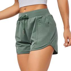 HomyComy Damen Sporthose Kurz Laufhose High Waist Sport Shorts Atmungsaktiv Fitness Kurze Hose Running Yoga Jogging Beiläufige Elastisch Schnelltrocknende Shorts Grün L von HomyComy