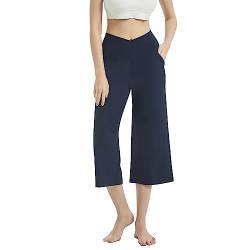 HomyComy Damen Yogahose mit Taschen Sommer Caprihose Weites Bein Bequeme 3/4 Sporthose Fitness Arbeit Sporthose Blau L von HomyComy