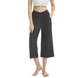 HomyComy Damen Yogahose mit Taschen Sommer Caprihose Weites Bein Bequeme 3/4 Sporthose Fitness Arbeit Sporthose Grau S von HomyComy