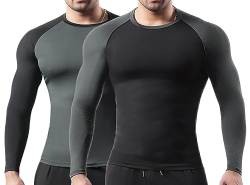 HomyComy Herren Kompressionsshirt Langarm Atmungsaktiv Laufshirt Grundschicht Bodybuilding Tops Schwarz Grau XL von HomyComy