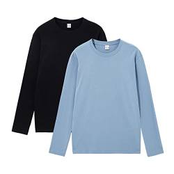 HomyComy Herren Langarmshirt mit Rundhalsausschnitt aus 100% Baumwolle Long Sleeve T-Shirts 2er Pack Schwarz/Blau XXL von HomyComy