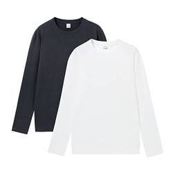 HomyComy Herren Langarmshirt mit Rundhalsausschnitt aus 100% Baumwolle Long Sleeve T-Shirts 2er Pack Weiß/Dunkelgrau XL von HomyComy