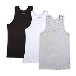 HomyComy Unterhemd Herren Feinripp Baumwolle ärmellos Tank Top 3er Pack Weiß/Schwarz/Grau L von HomyComy