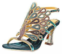 Honeystore Damen's Strass Pfau Handgemacht Hochzeit Sandalen Blau 6 UK von Honeystore