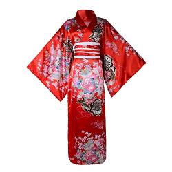 HongH Damen Blumendruck Traditionelle Japanische Kimono Goldfisch OBI Gürtel Blüte Yukata Robe Kostüm Set, Langer Kimono, Rot, Large von HongH