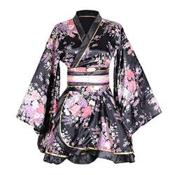 HongH Kimono Bademantel Kostüm Japanische Traditionelle Yukata Cosplay Damen Sexy Sakura Muster (Schwarz), Groß von HongH