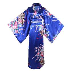 HongH Traditioneller japanischer Kimono für Damen, Blumendruck, Goldfisch, Obi-Gürtel, Blüte, Yukata, Kostüm-Set, Langer Kimono Blau, Large von HongH