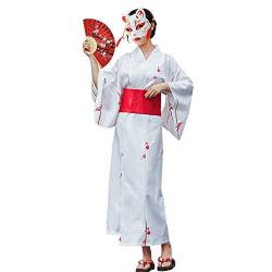 HongH Traditioneller japanischer Yukata-Kimono für Damen, Blumendruck, langer Kimono, Robe, Kostüm, Sommerkleidung, Weiss/opulenter Garten, Large von HongH