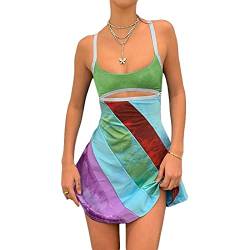Damen Vintage Print Semi-Sheer Etuikleid 2004s Mode Bodycon Mini Slip Kleid Retro Bandana Print Tailliertes Trägerkleid, Grün , Mittel von Honganda