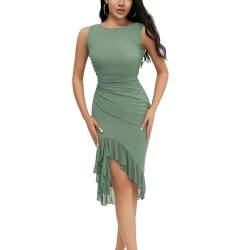 Honganda Damen Elegant Bodycon Midi Kleid Ärmellos Mesh Rüschen Saum Meerjungfrau Schwanz Sommer Tank Kleid Cocktail Party, Grün , Mittel von Honganda