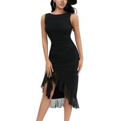 Honganda Damen Elegant Bodycon Midi Kleid Ärmellos Mesh Rüschen Saum Meerjungfrau Schwanz Sommer Tank Kleid Cocktail Party, Schwarz, Groß von Honganda